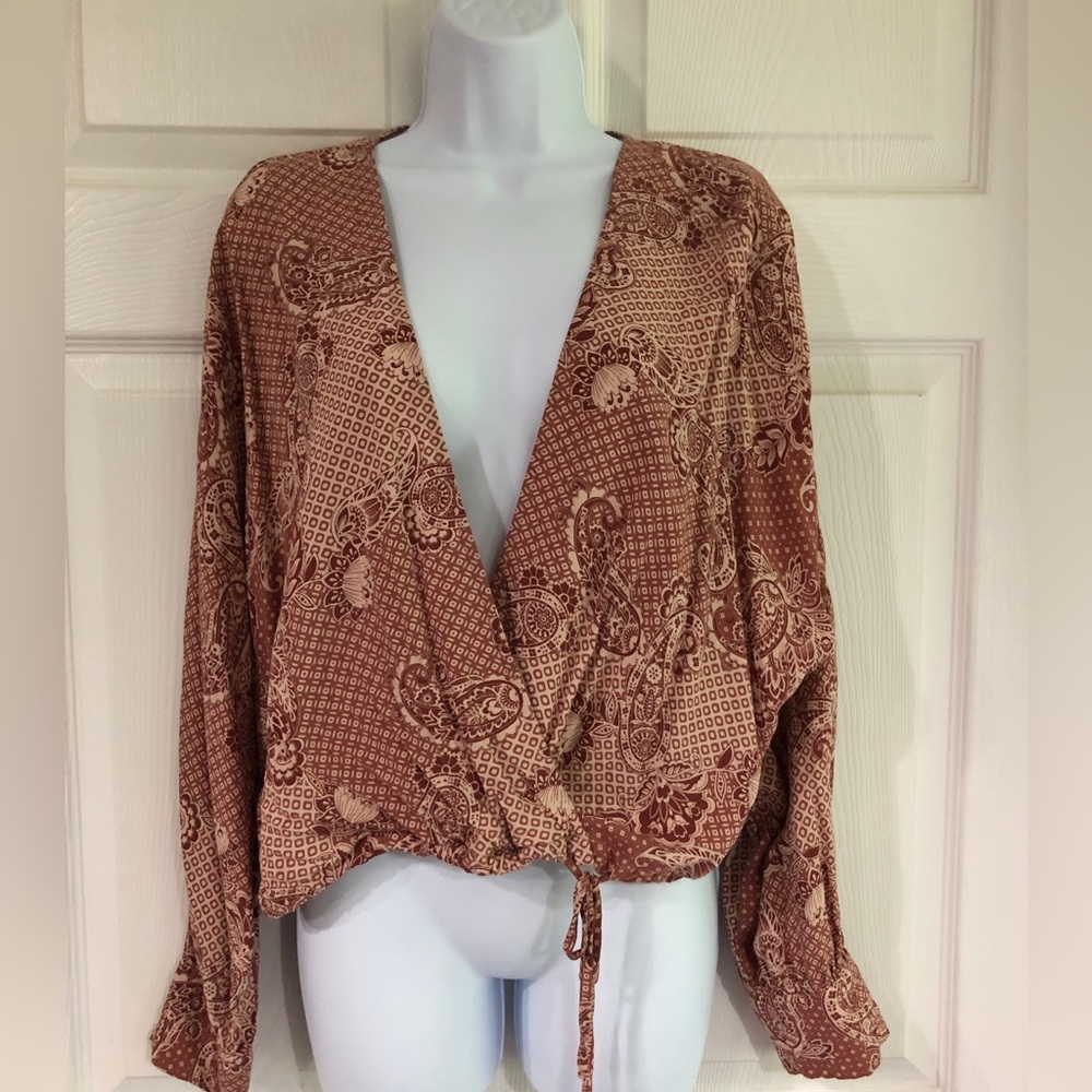 Boho faux wrap drawstring waist shirt size Large